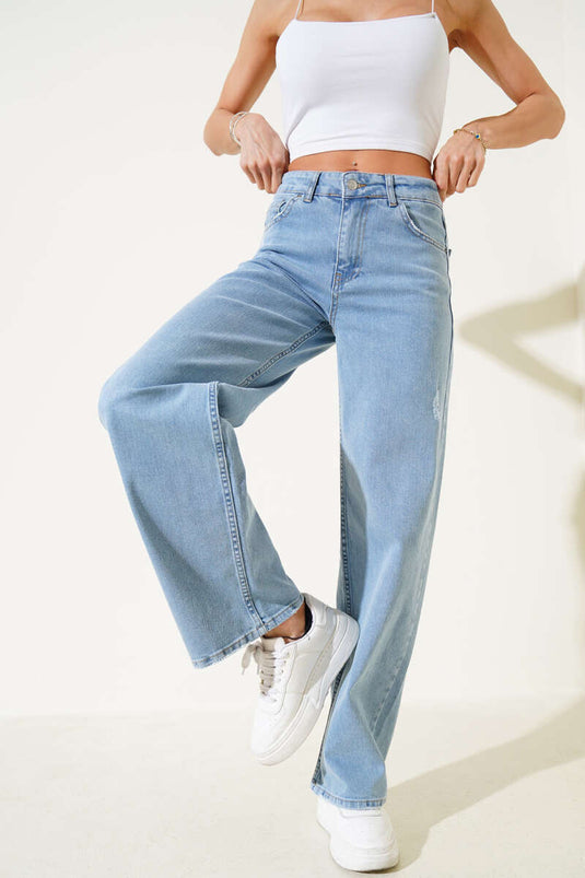 Pantalon palazzo en denim effiloché à jambes larges couleur neige claire