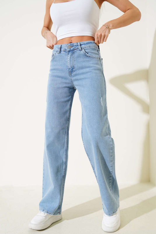 Geniş Paça Yıpratmalı Kot Palazzo Pantolon Kar Açık