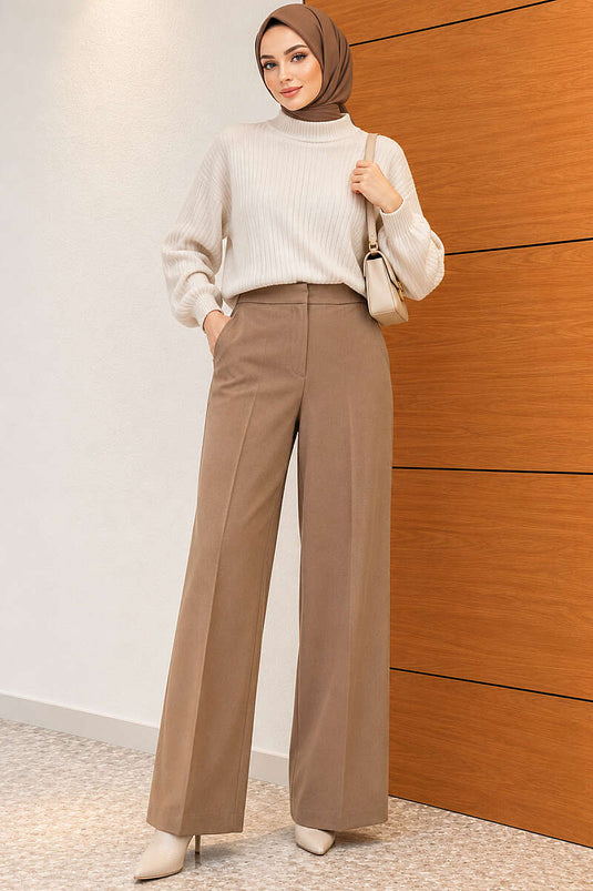 Geniş Paçalı Basic Kumaş Pantolon Camel