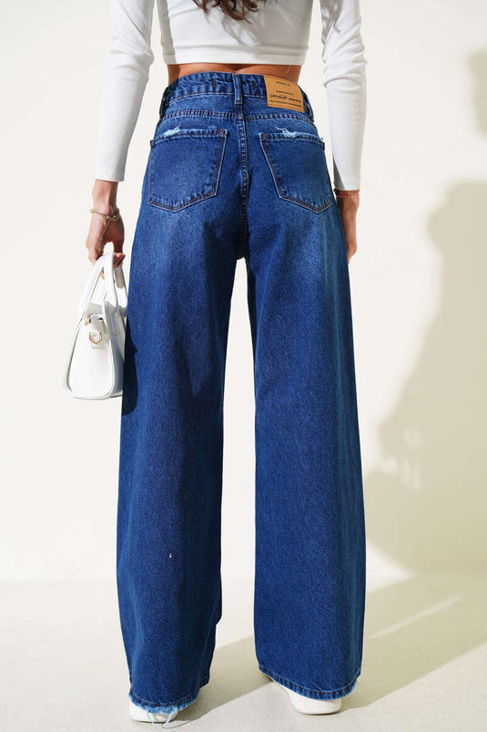 Pantalon en denim effiloché à jambes larges