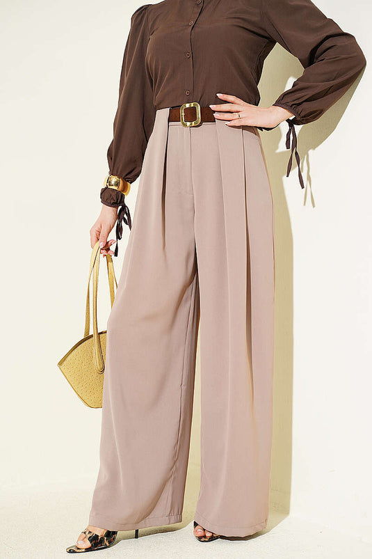 Pantaloni in tessuto con ampie pieghe color visone