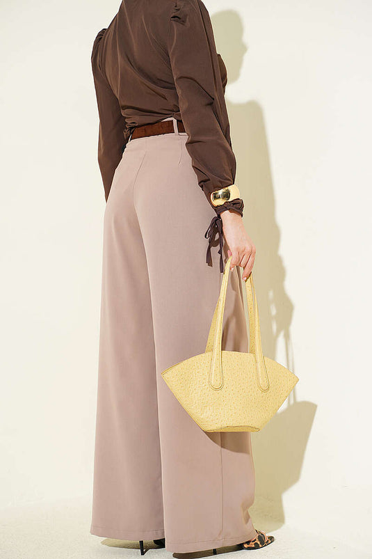 Pantaloni in tessuto con ampie pieghe color visone