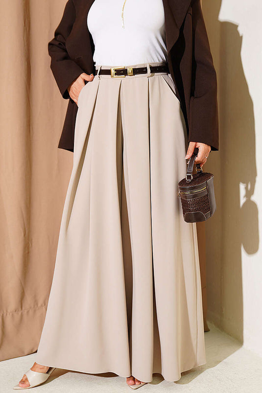 Geniş Pileli Cepli Etek Pantolon Bej
