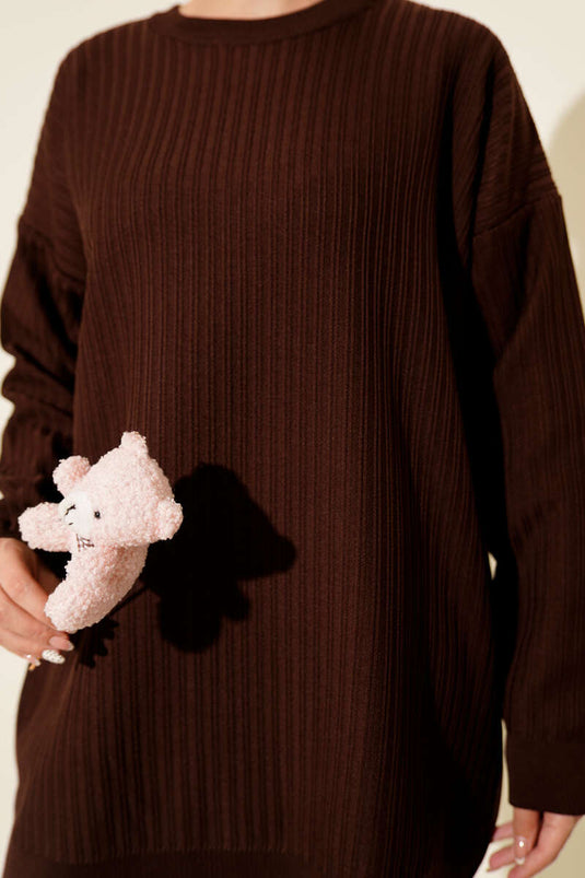 Wide Ribbed Knitted Tunic Dark Brown