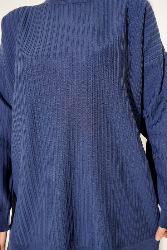 Geniş Ribanalı Triko Tunik İndigo