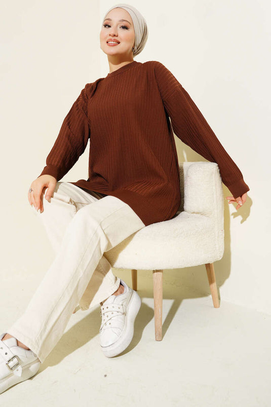 Weit gerippte Stricktunika Braun