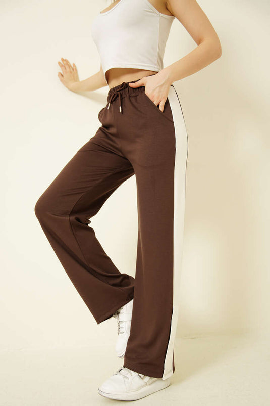 Wide Striped Snap-Button Loyşa Trousers Brown