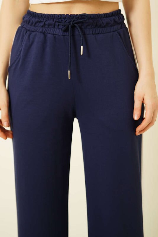 Wide Striped Snap-Button Loyşa Trousers Navy Blue