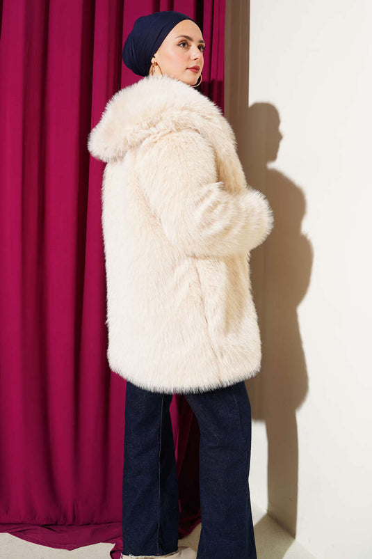Wide Collar Fur Coat Beige