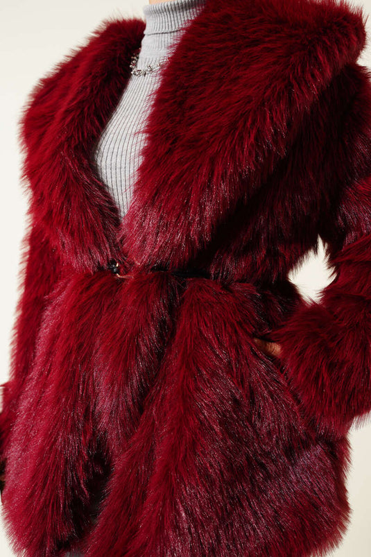 Wide-Collar Fur Coat, Burgundy