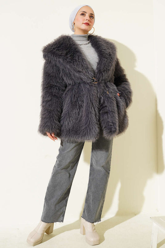 Geniş Yaka Kürklü Mont Füme
