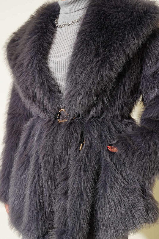 Geniş Yaka Kürklü Mont Füme