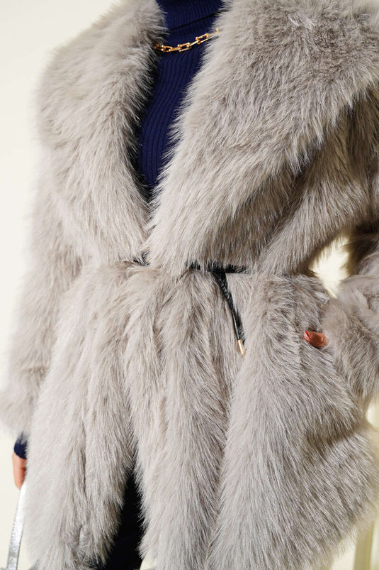 Wide Collar Fur Coat Grey
