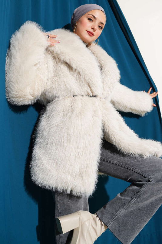 Wide Collar Fur Coat Stone