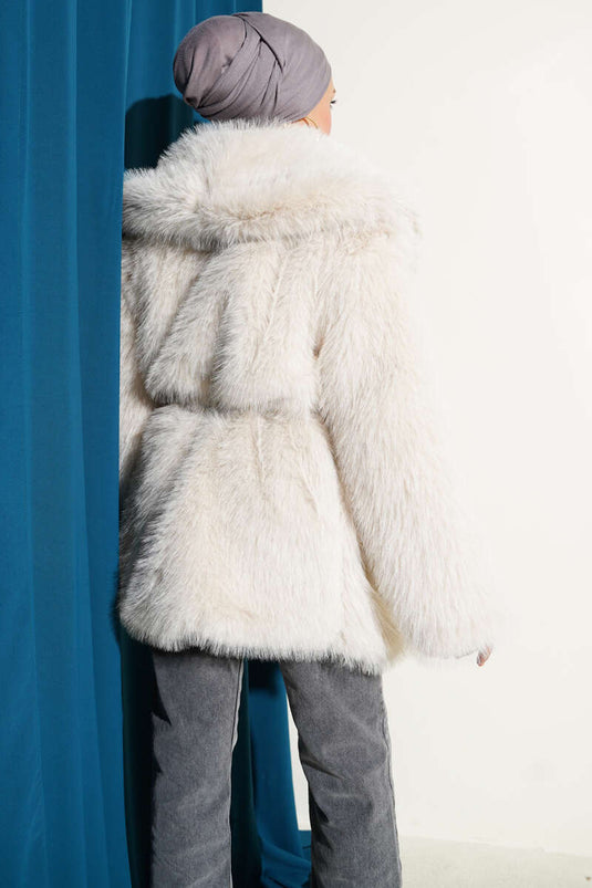 Wide Collar Fur Coat Stone