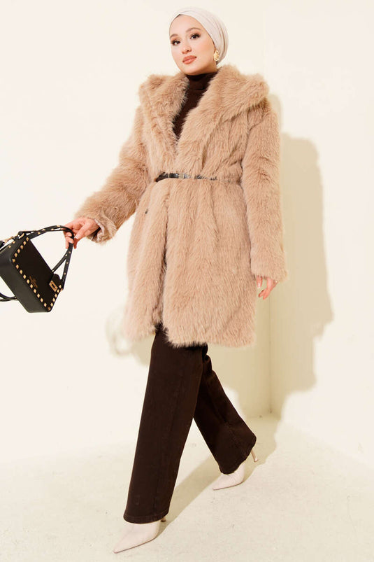 Wide Collar Furry Long Coat Camel
