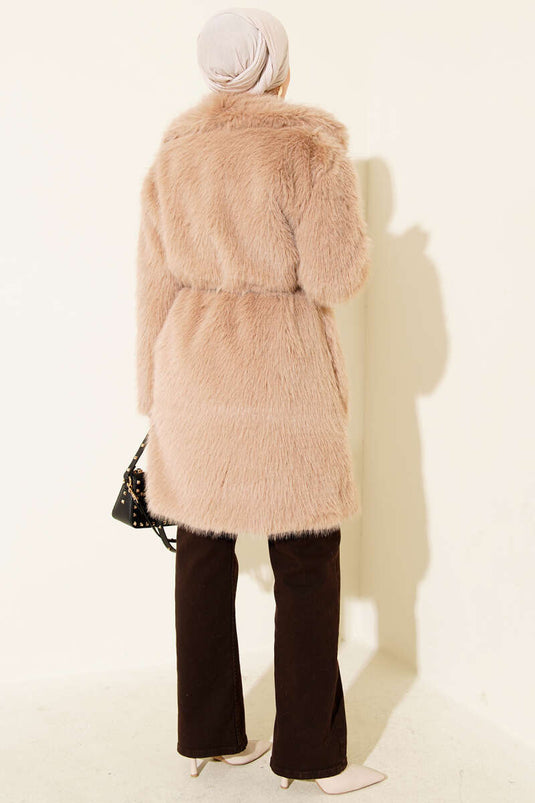 Wide Collar Furry Long Coat Camel