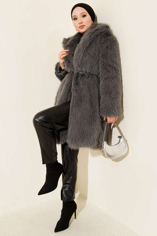 Wide Collar Furry Long Coat Smoked