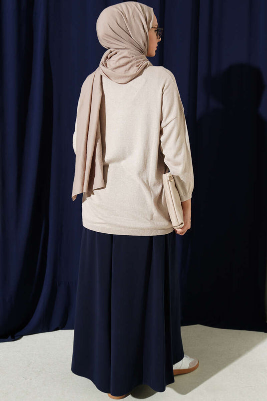 Túnica De Punto Beige Con Cuello Amplio