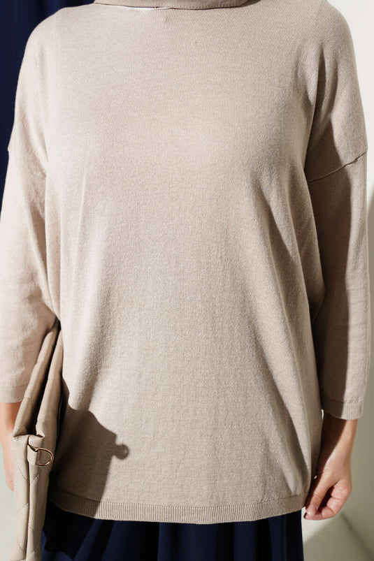 Túnica De Punto Beige Con Cuello Amplio