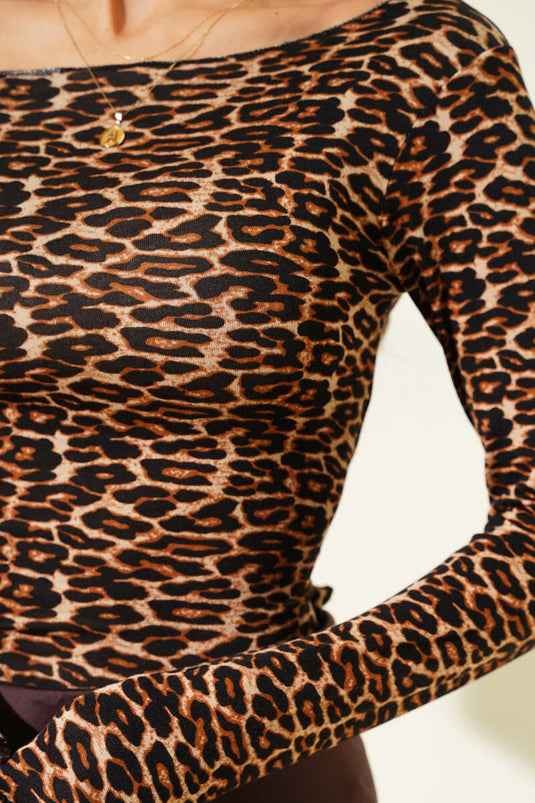 Body à col large et manches longues léopard