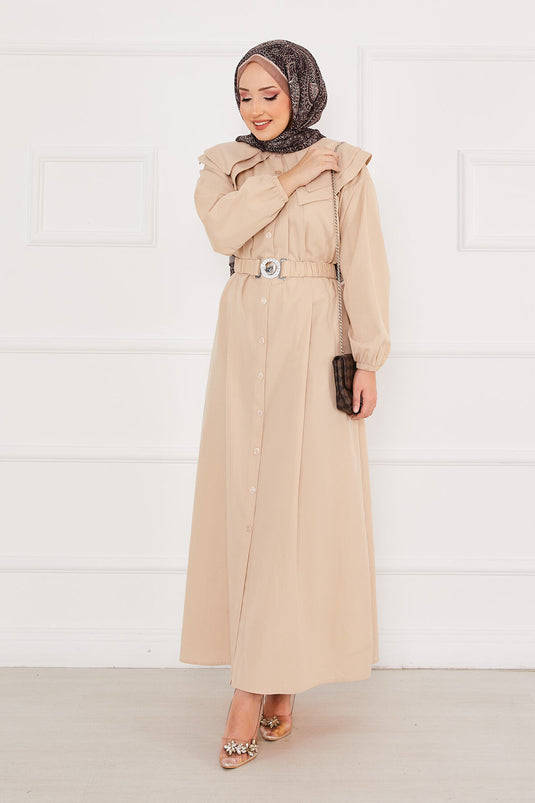 Wide Collar Full Buttoned Modest Dress Beige