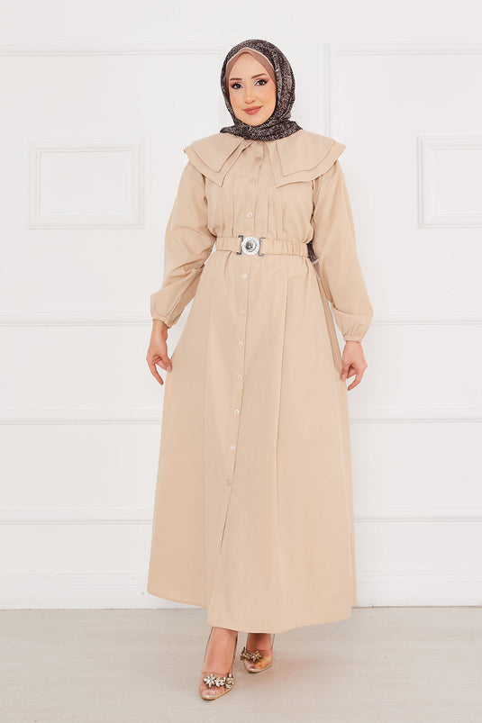 Wide Collar Full Buttoned Modest Dress Beige