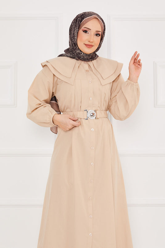 Wide Collar Full Buttoned Modest Dress Beige