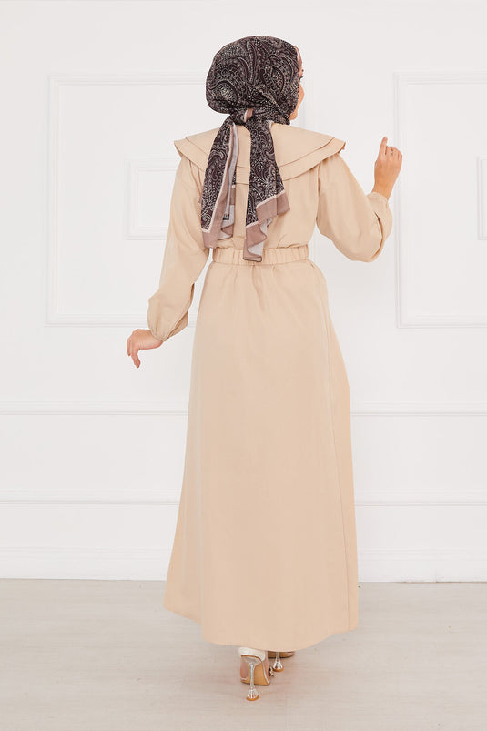 Wide Collar Full Buttoned Modest Dress Beige