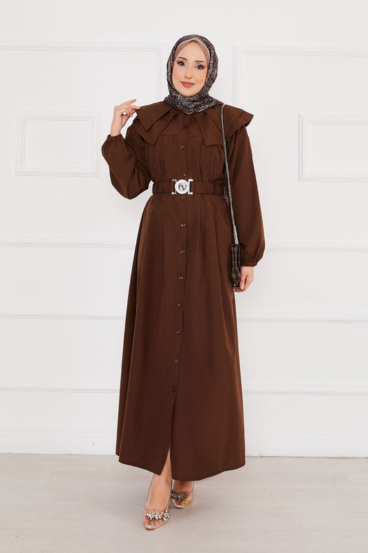 Wide Collar Full Buttoned Modest Dress Brown