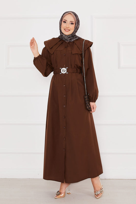 Wide Collar Full Buttoned Modest Dress Brown