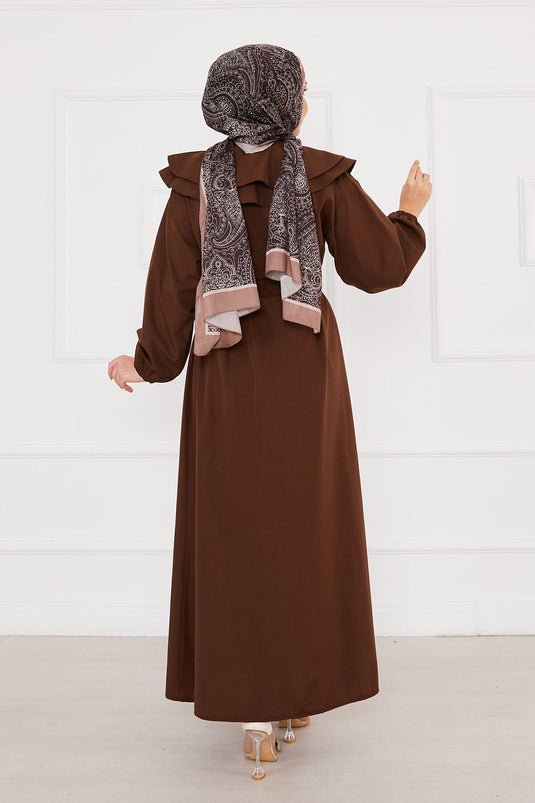 Wide Collar Full Buttoned Modest Dress Brown