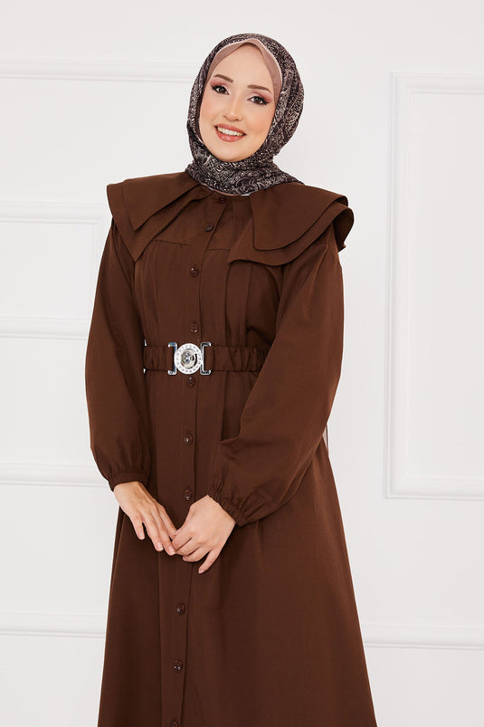 Wide Collar Full Buttoned Modest Dress Brown