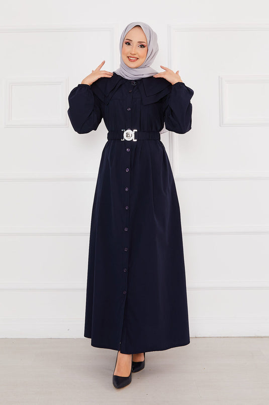 Wide Collar Full Buttoned Modest Dress Navy Blue