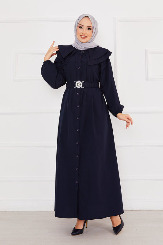 Wide Collar Full Buttoned Modest Dress Navy Blue