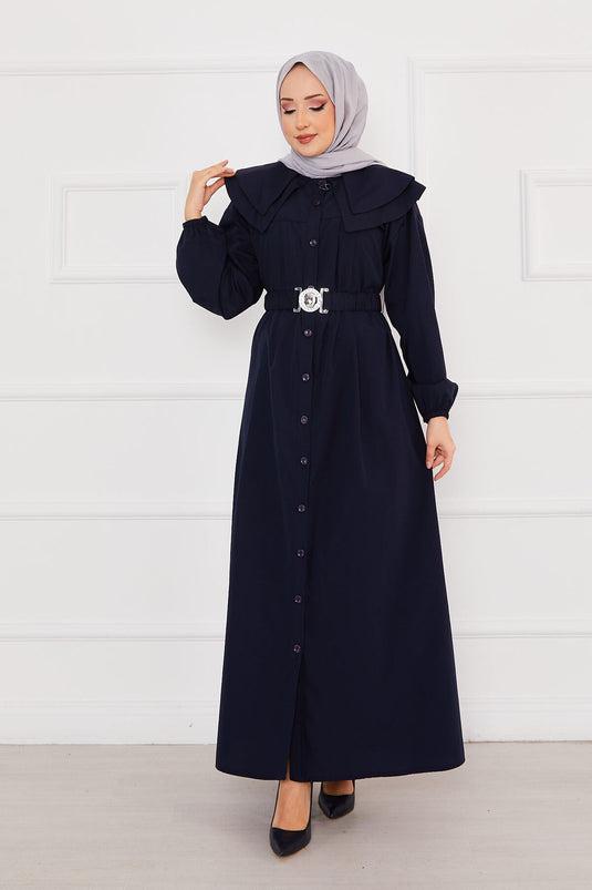 Wide Collar Full Buttoned Modest Dress Navy Blue