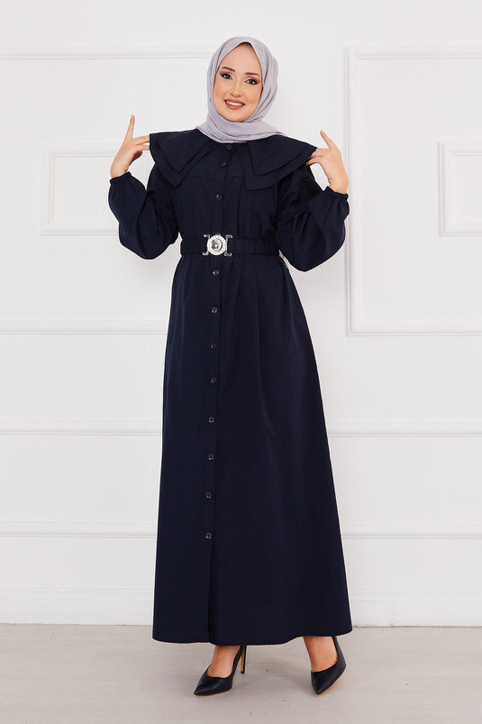 Wide Collar Full Buttoned Modest Dress Navy Blue