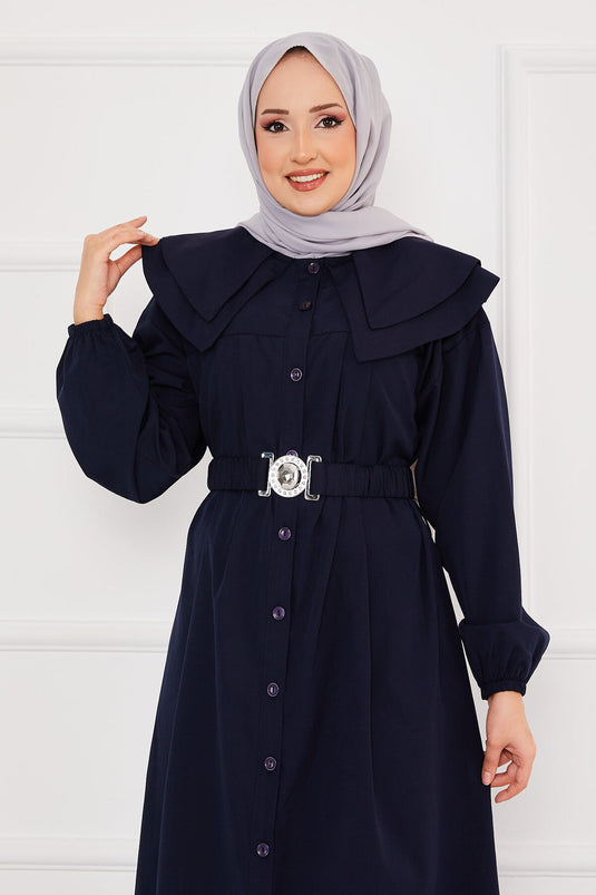 Wide Collar Full Buttoned Modest Dress Navy Blue