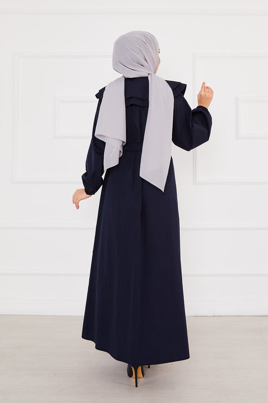 Wide Collar Full Buttoned Modest Dress Navy Blue