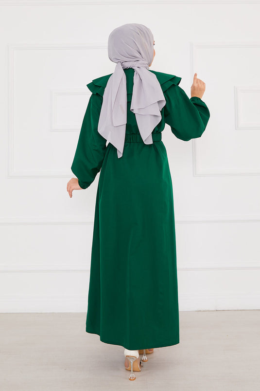 Emerald Green Long Buttoned Dress with Wide Collar