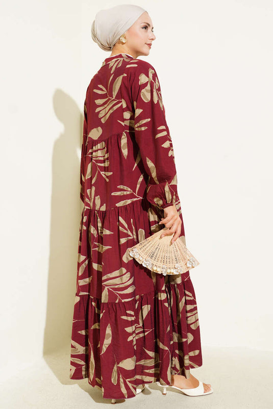 Robe boutonnée à grandes feuilles, bordeaux