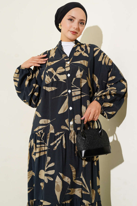 Large Leaf Patterned Half-Buttoned Dress in Black