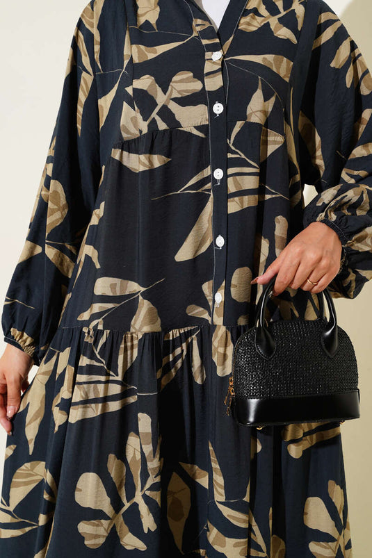 Large Leaf Patterned Half-Buttoned Dress in Black