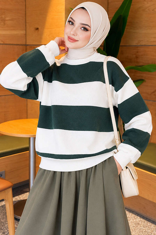 Geniş Yatay Çizgili Şardonlu Sweatshirt Zümrüt
