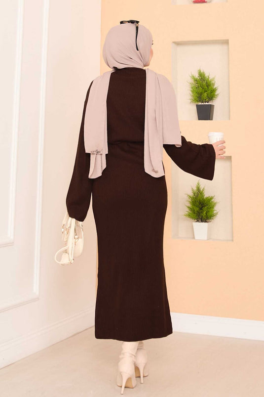 Wide-Sleeve Ribbed Hijab Knit Dress Brown