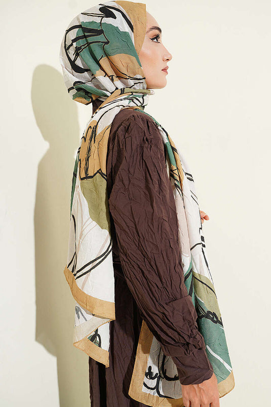 Geometrik Çiçekli Şal Yağ Yeşili