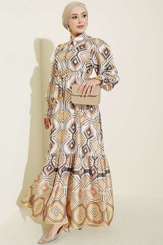 Robe En Satin Jaune À Motifs Géométriques