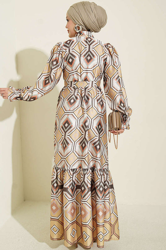 Robe En Satin Jaune À Motifs Géométriques