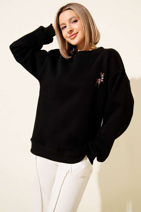 Deer Embroidered Sweatshirt Black