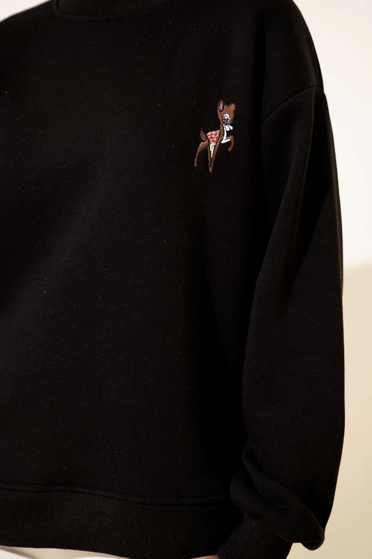 Deer Embroidered Sweatshirt Black